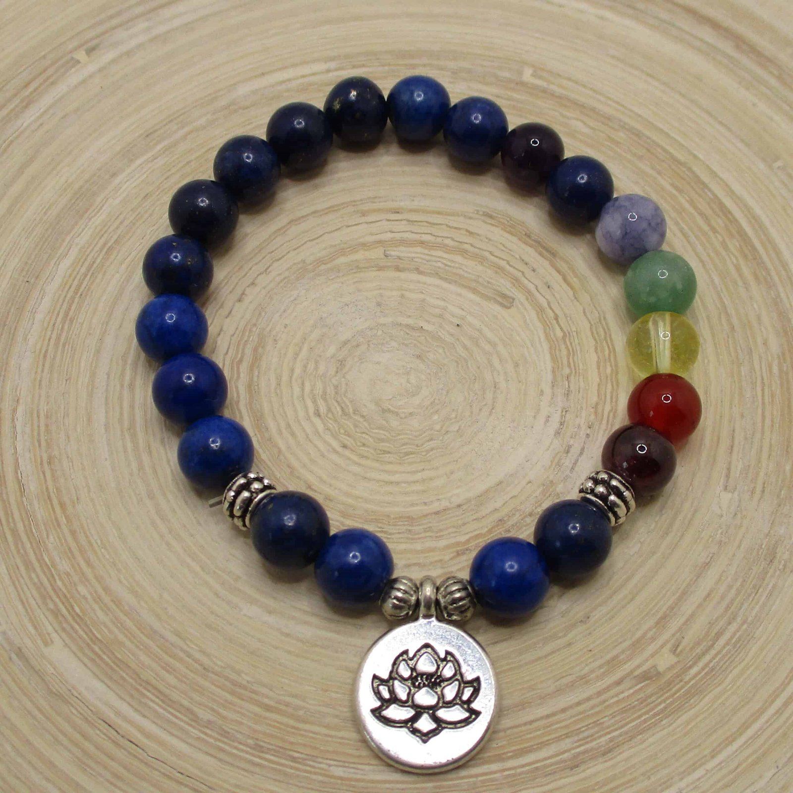 Bracelet En Pierre De Lave Noire - Basalte Avec Symbole Fleur De Lotus - Boules 6 Mm - Acier Inoxydable - Artisanat