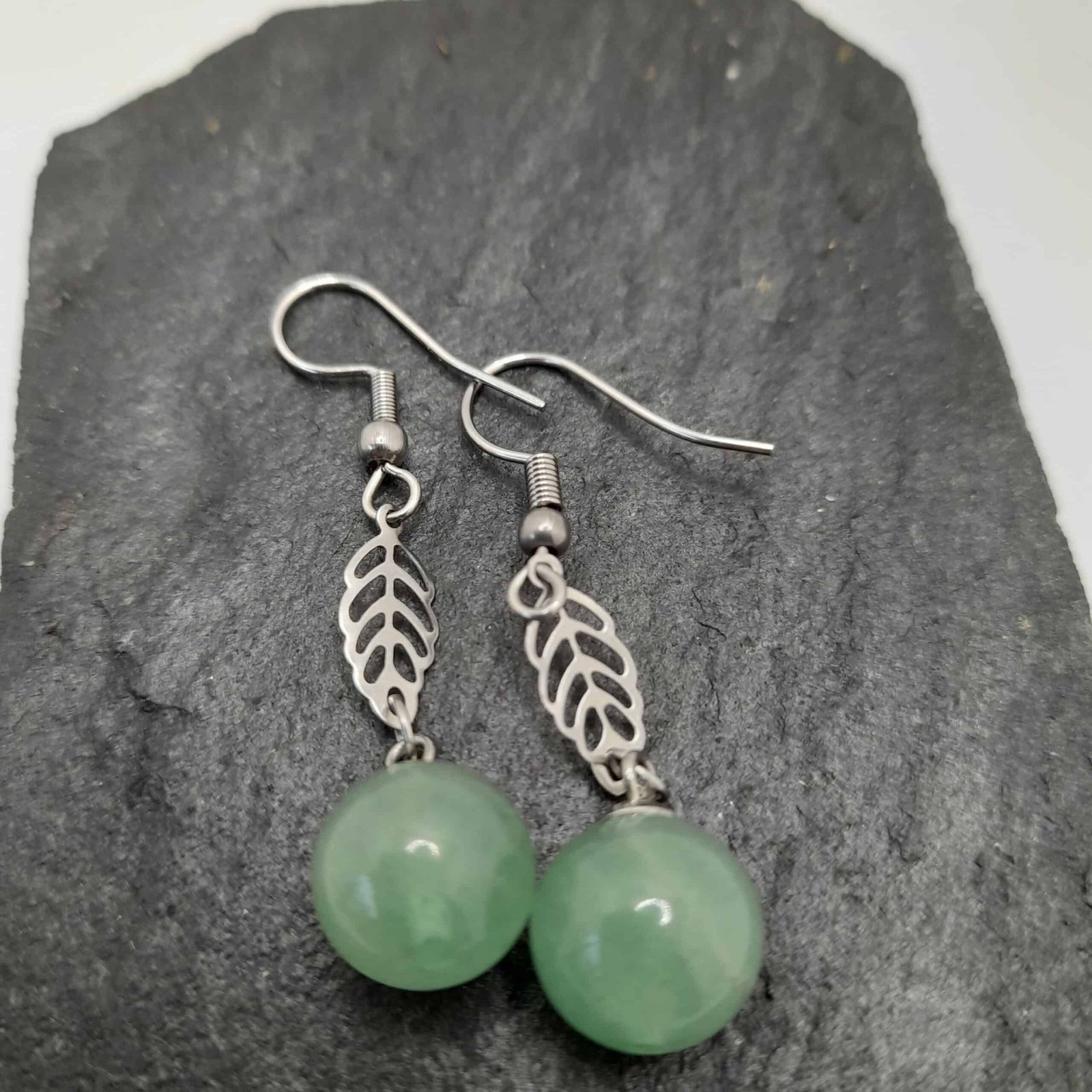 Boucles D'oreilles Pendantes Perles Aventurine 12 Mm - Dormeuses Plaqué Or - Neuves Sans Emballage